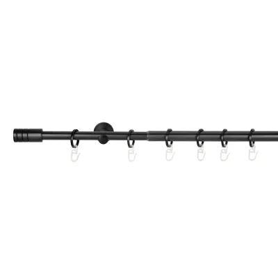 Ondeco Gardinenstange ausziehbar 1-lauf Wandmontage Endstück Rille 16/19 mm mit Ringen Farbe: Schwarz, Größe: 210-400 cm