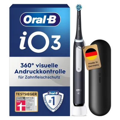 Oral-B iO Series 3 Zahnbürste (Magnetische iO-Technologie mit sanften Mikrovibrationen, intelligente Andruckkontrolle, 3 Putzprogramme,  gelbes Licht signalisiert Bürstenkopfwechsel, Timer, Reiseetui, Matt Black)