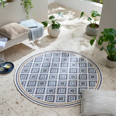 Outdoor-Teppich Rauten Blau-Gelb Ø160 cm - FLEET   Kadima Design