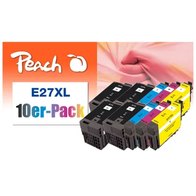 Peach E27  10 Druckerpatronen XL (2*bk, bk, c/m/y) ersetzt Epson T2716, No. 27XL, C13T27164010*2 für z.B. Epson WorkForce WF -3600 (wiederaufbereitet)