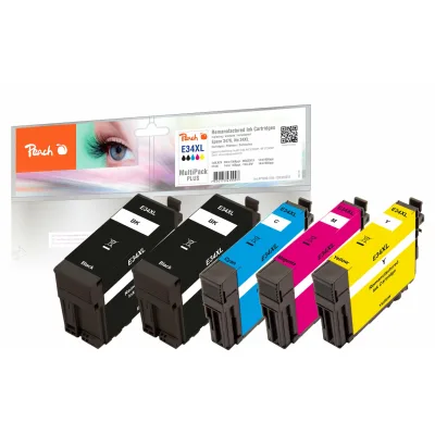 Peach E34 XL 5 Druckerpatronen XL (2*bk, c/m/y) ersetzt Epson No. 34XL, T3471*2, T3472, T3473, T3474 für z.B. Epson WorkForce Pro WF -3700 (wiederaufbereitet)
