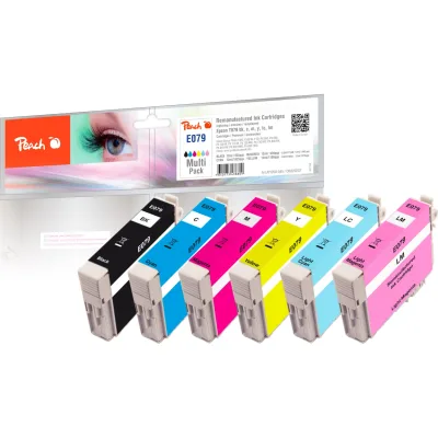 Peach E79  6 Druckerpatronen XL (bk, cy, cyph, ma, maph, ye) ersetzt Epson T079 für z.B. Epson Stylus Photo 1400, Epson Stylus Photo 1500 W (wiederaufbereitet)
