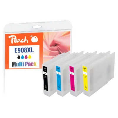 Peach E908 XL 4 Druckerpatronen XL (bk, c/m/y) ersetzt Epson No. 908XL, T9081, T9082, T9083, T9084 für z.B. Epson Workforce Pro WF -6090 DW (wiederaufbereitet)