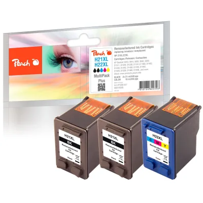 Peach HP 21 XL 3 Druckköpfe XL (2*bk, col) ersetzt HP No. 21XL*2, No. 22XL, SD367AE, C9351AE*2, C9352AE für z.B. HP DeskJet 3910, HP DeskJet 3915 (wiederaufbereitet)