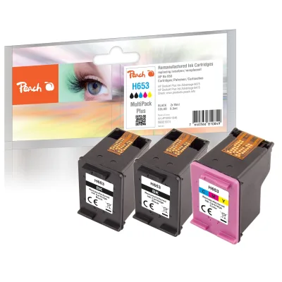 Peach HP 653  3 Druckköpfe (2*bk, col) ersetzt HP No. 653, 3YM75AE*2, 3YM74AE , 3YM60AE für z.B. HP DeskJet Plus Ink Advantage 6475 (wiederaufbereitet)