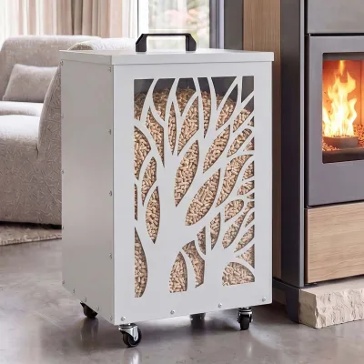 Pelletbehälter MCW-Q30 Bäume, Pelletbox Aufbewahrungsbox für z.B. Tierfutter, Rollen Füße 64x36x36cm ~ weiß-hellgrau
