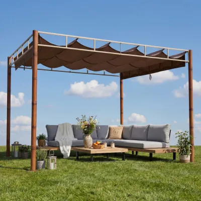 Pergola MCW-L42, Garten Pavillon Terrassenüberdachung, stabiles 7cm-Metall-Gestell 3x3m Bambus-Optik ~ taupe-braun