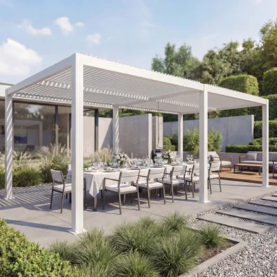 Pergola MCW-L46, Gartenpavillon Lamellen-Pavillon, 11cm-Aluminium-Gestell, Regenrinne sturmfest, 3x6m ~ weiß