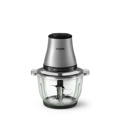 Philips HR1503/00 3000 Series Zerkleinerer (500 Watt, 2 Liter Glasschüssel, 2 Geschwindigkeiten, PowerChop Technologie, 4 Edelstahlklingen, Anti-Rutsch-Füße, spülmaschinenfest, Edelstahl)