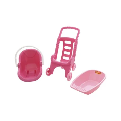 Polesie 42842 Puppenwagen 3 in 1 Set, Puppenbuggy Schaukelkorb Puppen-Badewanne pink