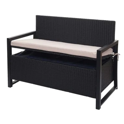 Poly-Rattan 2er Sitzbank MCW-F39, Gartenbank Truhenbank, Staufach Aufbewahrung Sitzkissen ~ anthrazit, Kissen beige