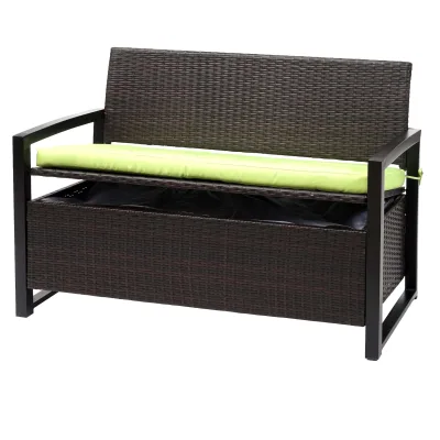 Poly-Rattan 2er Sitzbank MCW-F39, Gartenbank Truhenbank, Staufach Aufbewahrung Sitzkissen ~ braun, Kissen grün