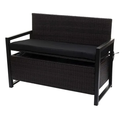 Poly-Rattan 2er Sitzbank MCW-F39, Gartenbank Truhenbank, Staufach Aufbewahrung Sitzkissen ~ braun, Kissen schwarz