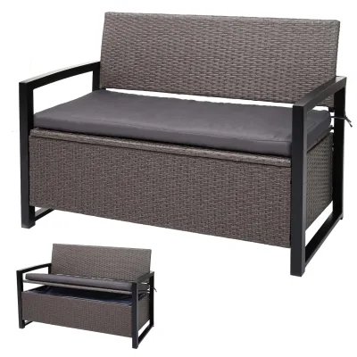 Poly-Rattan 2er Sitzbank MCW-F39, Gartenbank Truhenbank, Staufach Aufbewahrung Sitzkissen ~ grau-meliert, Kissen grau