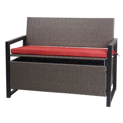 Poly-Rattan 2er Sitzbank MCW-F39, Gartenbank Truhenbank, Staufach Aufbewahrung Sitzkissen ~ grau-meliert, Kissen rot
