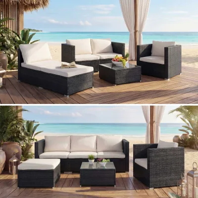Poly-Rattan-Garnitur Busto, Gartengarnitur Sitzgruppe Sofa Lounge-Set ~ schwarz, Kissen creme