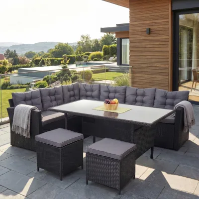Poly-Rattan-Garnitur MCW-A29, Gartengarnitur Sitzgruppe Lounge-Esstisch-Set, schwarz ~ Kissen dunkelgrau, mit 2x Hocker