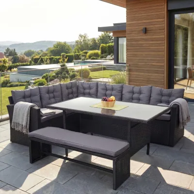 Poly-Rattan-Garnitur MCW-A29, Gartengarnitur Sitzgruppe Lounge-Esstisch-Set, schwarz ~ Kissen dunkelgrau, mit Bank