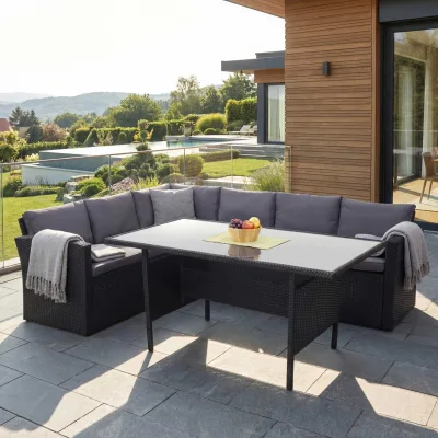 Poly-Rattan-Garnitur MCW-A29, Gartengarnitur Sitzgruppe Lounge-Esstisch-Set, schwarz ~ Kissen dunkelgrau