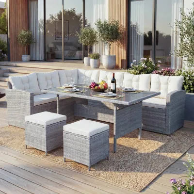 Poly-Rattan-Garnitur MCW-A29, Gartengarnitur Sitzgruppe Lounge-Esstisch-Set Sofa ~ hellgrau, Kissen creme + 2x Hocker