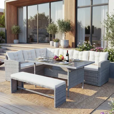 Poly-Rattan-Garnitur MCW-A29, Gartengarnitur Sitzgruppe Lounge-Esstisch-Set Sofa ~ hellgrau, Kissen creme + Bank