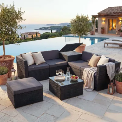 Poly-Rattan-Garnitur MCW-D21, Balkon-/Garten-/Lounge-Set Sofa Sitzgruppe, Box Staufach ~ anthrazit, Kissen dunkelgrau