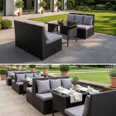 Poly-Rattan Garnitur MCW-G16, Garten-/Lounge-Set Sitzgruppe, Gastronomie 2x2er Sofa Tisch ~ schwarz, Kissen hellgrau
