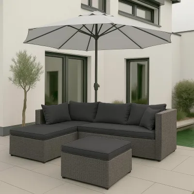 Poly-Rattan Garnitur MCW-O46, Balkon-/Garten-/Lounge-Set Sofa Sitzgruppe ~ grau Polster dunkelgrau