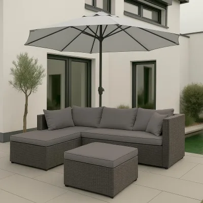 Poly-Rattan Garnitur MCW-O46, Balkon-/Garten-/Lounge-Set Sofa Sitzgruppe ~ grau Polster hellgrau