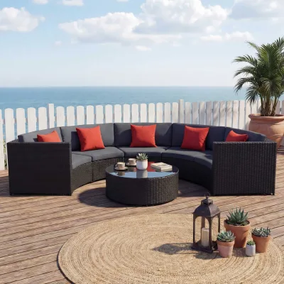 Poly-Rattan Garnitur rund MCW-E17, Garten-Set Sitzgruppe ~ schwarz, Polster dunkelgrau, Kissen terracotta