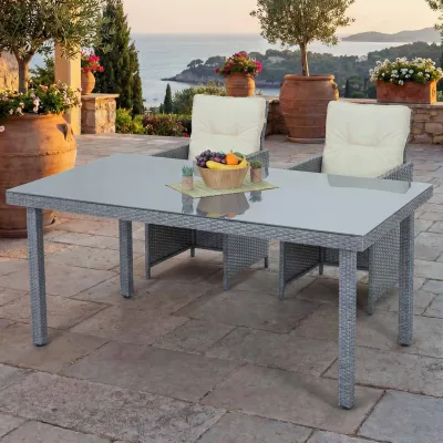 Poly-Rattan Gartentisch Chieti, Esstisch Tisch mit Glasplatte, 160x90x74cm ~ grau