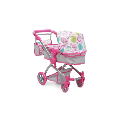 Puppenwagen pink Rose 9651B, verstellbarer Schiebegriff, Sonnendach, Tasche