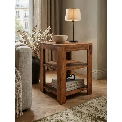 Regal Massivholz 2 Fächer Landhausstil MUMBAI, Dunkelbraun 44x44x60 cm