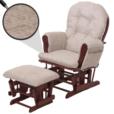 Relaxsessel MCW-C76, Schaukelstuhl Schwingstuhl mit Hocker Stoff Chenille (465g/m²) ~ creme, Gestell dunkel