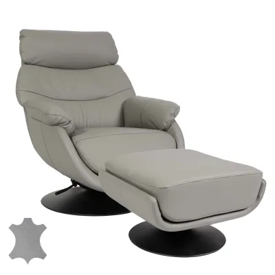 Relaxsessel mit Hocker MCW-K99, Fernsehsessel Sessel, Wippfunktion drehbar, Metall Echtleder/Kunstleder ~ grau