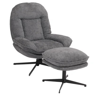Relaxsessel mit Hocker MCW-P32, Fernsehsessel Nosagfederung, drehbar Metall Stoff/Textil Chenille (370 g/m²) ~ grau