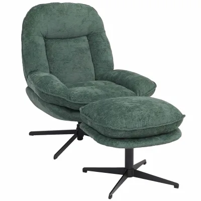 Relaxsessel mit Hocker MCW-P32, Fernsehsessel Nosagfederung, drehbar Metall Stoff/Textil Chenille (370 g/m²) ~ grün