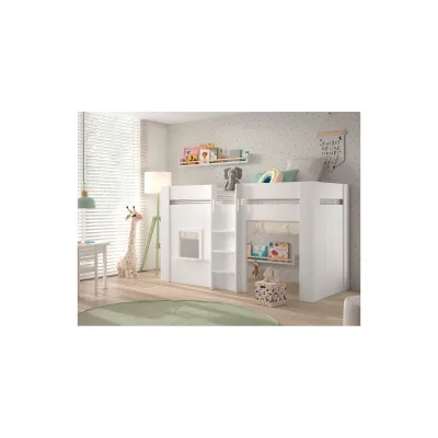 RENO halbhohes Spielbett 90 x 200 cm Liegefläche inkl. Vorhang Set, Creme-Weiß