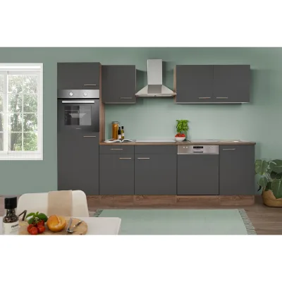 Respekta Küchenprogramm Eiche York Küchenzeile 280 cm inkl. E- Geräte & Mineralite Einbauspüle, grau