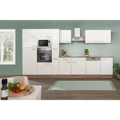 Respekta Küchenprogramm Eiche York Küchenzeile 370 cm inkl. E-Geräte & Mineralite Einbauspüle, weiß