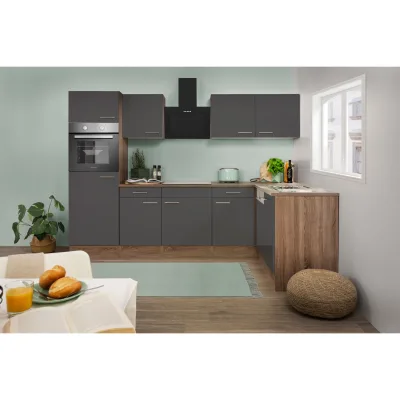 Respekta Küchenprogramm Eiche York Winkelküche 280 cm inkl. E-Geräte & Mineralite Einbauspüle, grau