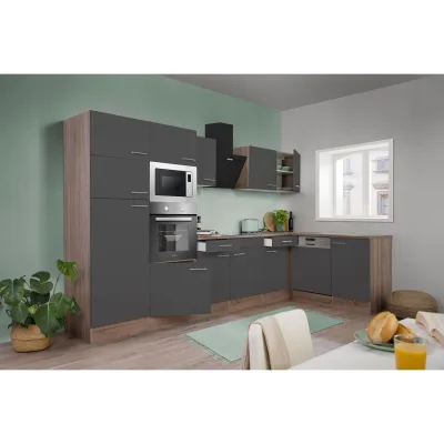 Respekta Küchenprogramm Eiche York Winkelküche 340 cm inkl. E-Geräte & Mineralite Einbauspüle, grau