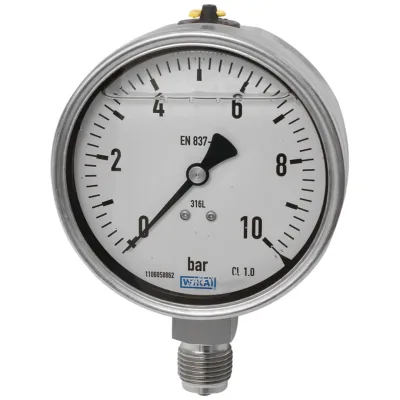 Riegler Glyzerinmanometer, CrNi-Stahl, E-Skala, G 1/2 unten, 0-1,0 bar, Ø 100