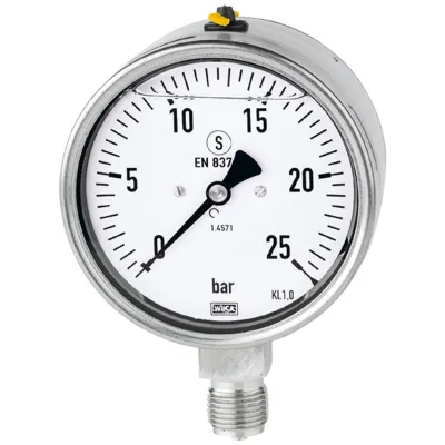 Riegler Glyzerinmanometer, CrNi-Stahl, Sicherh., G 1/4 unten, 0-100,0 bar, Ø 63