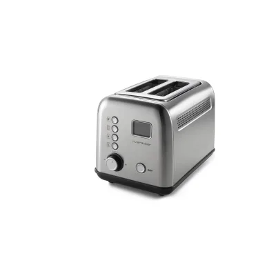 riviera&;bar Stainless Steel 2 short slot full autom. Toaster (2-Scheiben, Parallelschlitz, Edelstahl, 900 W, 9 Bräunungsstufen, 5 Spezialprogramme, Vollkornfunktion, Auftaufunktion, Aufwärmfunktion, LCD-Display mit Countdown)