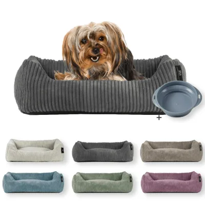 Rohrschneider Tierbett Cordstoff breit Gr. 1 taupe + faltbarer Reisenapf