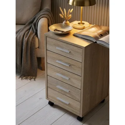 Rollcontainer Holz 5 Schubladen Schmal Mit Rollen, Sonoma 33x38x63 cm