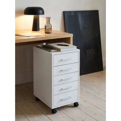 Rollcontainer Holz 5 Schubladen Schmal Mit Rollen, Weiß 33x38x63 cm