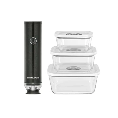 ROMMELSBACHER VAC 253/S Hand Vakuumierer Set (3 Glasbehälter (350/670/1100 ml), wiederaufladbar (bis 100 Anwendungen), Schnellaufladung 45 min, Vakuum bis -0,5 bar)