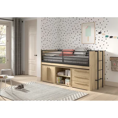 SAM halbhohes Bett mit ausziehbarem Schreibtisch, Regal, Kommode 2-trg., Kommode mit 3 Schubladen, Liegeflächen 90 x 200 cm, Ausf. Eiche Melamin Dekor